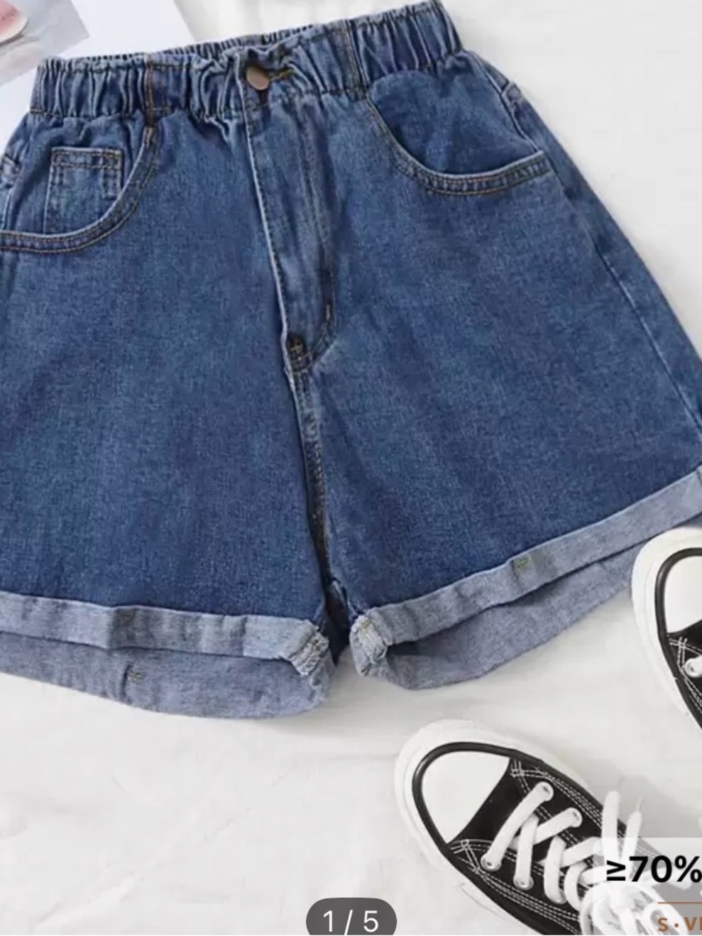 SHEIN Dark Blue Elastic Waist Rolled Hem Denim Shorts
